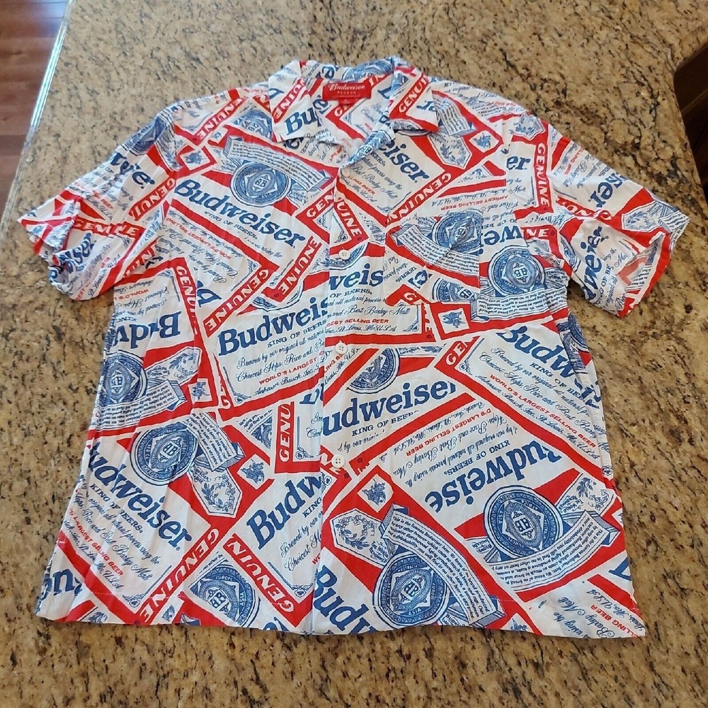 PACSUN Budweiser All Over Print Short Sleeve Button Up Shirt Mens Medium Rayon